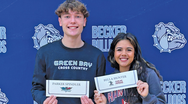 PARKER SPINDLER (L) and Bella Hunter (R) signed LOIs to attend their future universities next fall. Spindler will be attending the University of Wisconsin-GreenBay while Hunter will be attending Hamline University in St. Paul. (Submitted Photo).