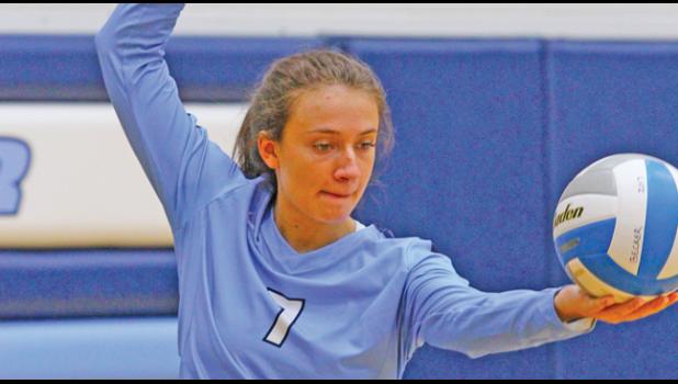 SENIOR ALLIE HILL continues to lead her Bulldog volleyball team in service aces with 24 after two big wins this week. (Photo by Bill Morgan).