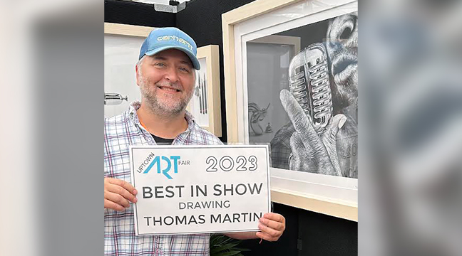 Becker High School graduate Tom Gallus recently won the “Best in Show” award in the Drawing category at the prestigious Uptown Art Fair. (Submitted photo.)