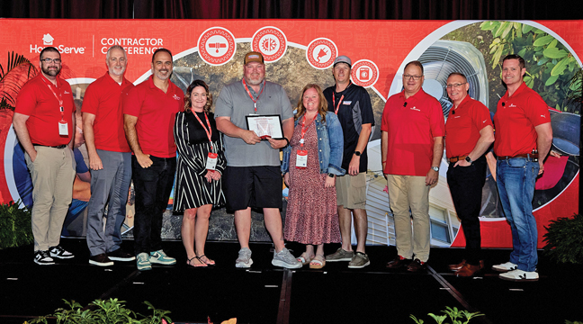 Professional Mechanical Services and HomeServe North America representatives, including, from left, Matt Chenowith, HomeServe Midwest Regional Operations Manager; Jonathan Cunningham, HomeServe Vice President of Contractor Operations, Robert Judson, HomeServe Chief Operating Officer; Kari Gust, Troy Powers, Stacy Zahler and Ryan Rowland of Professional Mechanical Services, Tom Rusin, HomeServe Chief Executive Officer; Sylvester Criscone, HomeServe Senior Vice President of Contractor Management and Administration; and Bryan Rooney, HomeServe Senior Director of Operations, celebrated the Big Lake, Minnesota-based company earning the Diamond Award during the 10th annual HomeServe Contractor Awards held Oct. 14-15 in Orlando, Fla. (Submitted Photo).