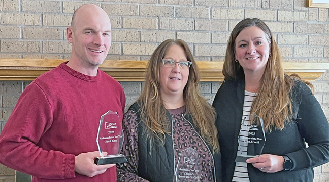 The Becker Area Chamber of Commerce held their annual meeting last week at Pebble Creek Golf course. Newly elected board member is Cole Steil (Steil Insurance) who is replacing outgoing board member Ron Mumm (Steil Insurance). Along with presenting their current budget for 2026 and updates on the various committees, various awards were also handed out.Chamber members voted and awards were given to Josh Otto (Regal Creek Wealth Management) for Ambassador of the Year; Tracie Hogrefe (Charlie’s Sports Bar & Grill) for Business of the Year; and Lynn Krueth (Options Inc.) for Member of the Year. (Patriot Photo by Carol Hanson).