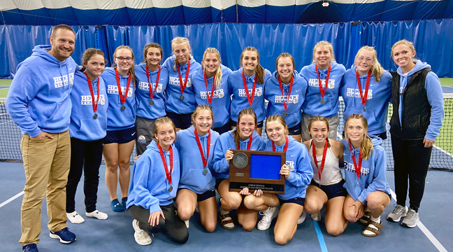 The Becker tennis team managed smiles across the board after securing the second place trophy last weekend in the Section 8AA girls tennis tournament. (Submitted photo.)