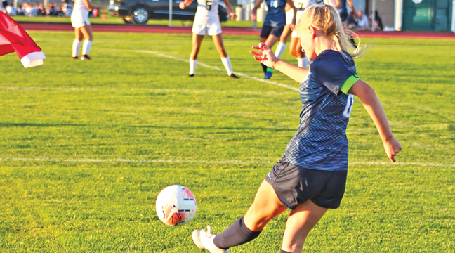 KENNEDY RUSIN (Becker’s goal scorer in the Hutchinson game) gets off this corner kick from Tuesday’s game. (Submitted Photo)
