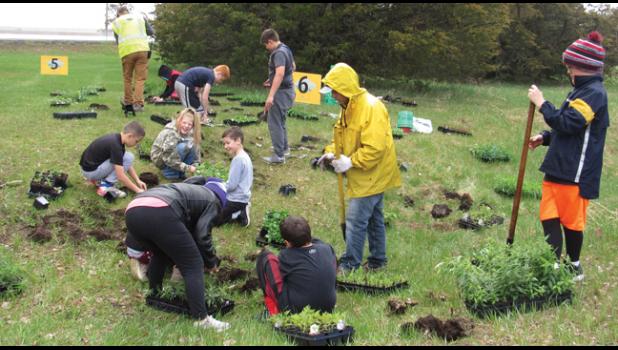 CLEARVIEW STUDENTS plant native Minnesota wildflowers in one of Clearview Forest’s new pollinator gardens they were able to create through funds received through Great River Greening’s General Mills Foundation grant. (Photo by Penny Leuthard)