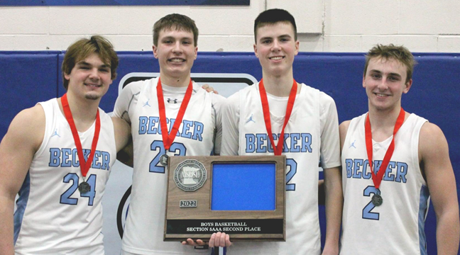 Senior spotlight. The Becker Boys basketball team celebrated Senior Night last Friday with a win over the Monticello Magic.  Pictured are Hayden Harmoning, Nick Berglund, Carter Callahan, Tristan Pickwall and Eric Seavert. (Submitted photo.)