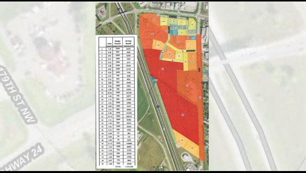 Map shows parcels within the proposed storm water project area along Co. Rd. 75 in Clearwater and the volume of estimated runoff based on the impervious surface area for each parcel.