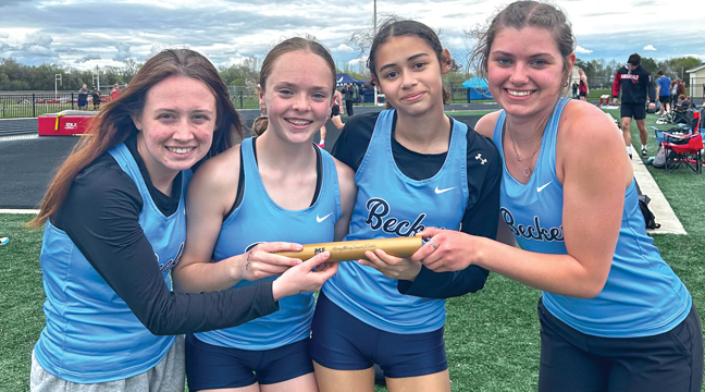 The 4x100 relay team of Kylee Morton, Josie Reckelberg, Salayna Allen and Raelee Lyon and ran a time of 51.34, bettering the old school record set last year which was 51.62. (Submitted Photo).