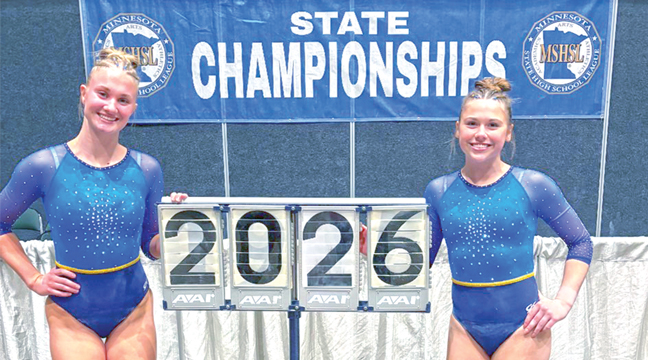 Congratulations to Big Lake High School’s state qualifiers for Class A State Individual Championships — they competed Saturday, February 21 at Roy Wilkins Auditorium. Senior Calla Morris qualified in all four events while Junior Leah Uphoff competed on bars. (Submitted Photo).