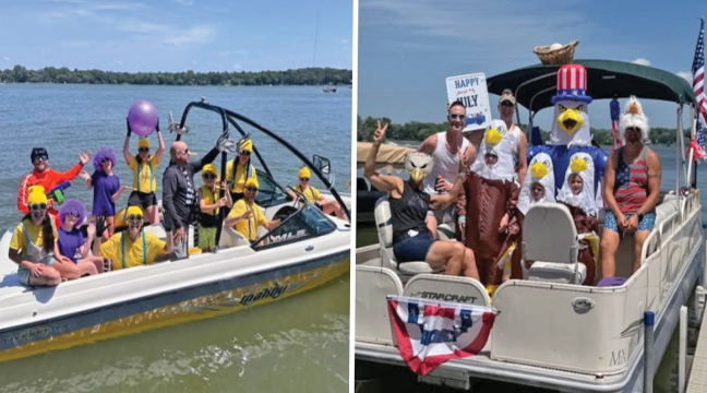 THE MALIBU MINIONS (L)  won the Most Creative and Most Comical of floats while EAGLES NEST (R) won for Most Patriotic at last weekend’s BELIA’s 4th of July Boat Parade. (Submitted Photo).