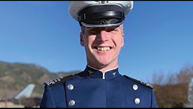 GRANT STEFFENS, former Becker resident and student, graduated recently from the Air Force Academy. At lower right he is seen receiving his graduation credentials and above right, fighter jets zoom over the cadets as they fling their caps in the air following graduation. (Submitted Photos)