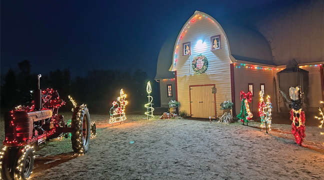 An array of lights adorned the walkway to the Farm Friends Barn for their annual “Santa at the Barn” event.  Inside, Santa and Mrs. Claus were waiting inside a forest full of decorated Christmas trees that had been donated by B&J Evergreen. (Patriot Photo by Mark Kolbinger).