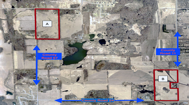 The CIty of Becker is annexing a pair of municipally owned parcels of land, shown on the map as Parcels A and B.  Luke Babler was the lone supervisor voting against the annexation at Monday’s meeting. (Submitted photo.)