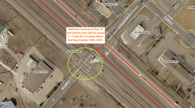 THE RR CROSSING at Hwy. 10 and Liberty Lane in Becker will be shut down for the week of Oct. 20-24 for repairs. (Submitted Photo).