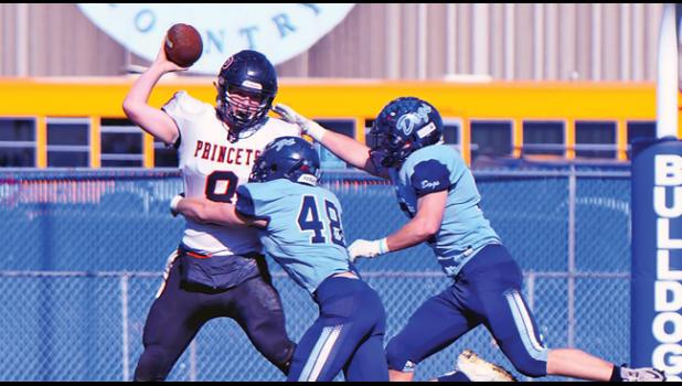 TEDDY HALVORSON (#48) and Riley Morrell (R) hounded Princeton’s QB, Ben Arseneau all day, allowing just 94 yards of offense including a minus 13 rushing. Halvorson led all defenders with six tackles, three assists, four sacks and four TFLs.