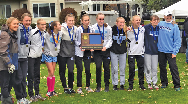 THE BECKER GIRLS CC TEAM posed for a picture with their Section 5AA trophy last month at Pebble Creek. Left to right, Coach Callie Doucette, Brooklyn Karel, Tasha Berthiaume, Ella McDonald, Bella Duncombe, Olivia Babler, Lexi Rose, Alea Briggs, Katelyn Brower, Kayla Gruenes and Coach Trish Kealy. (Submitted Photo)