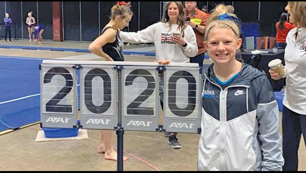 Bulldog gymnast, Riley Norberg scored a 9.425 finishing 19th of 48 vaulters at the State Gymnastics meet last Saturday. (Submitted Photo).