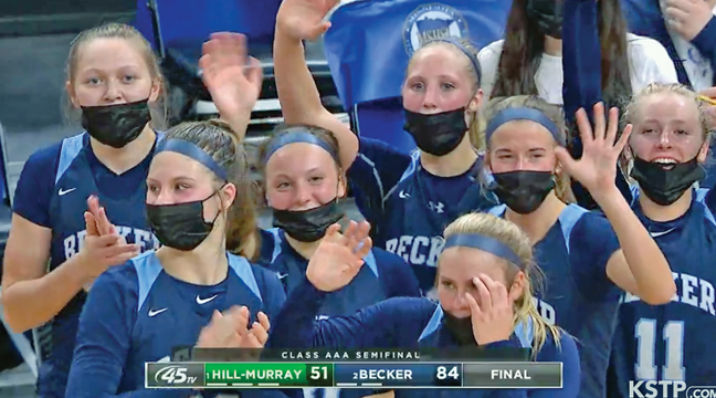 THE BECKER LADY BULLDOGS saluted and waved to their fans and Hill Murray players after capturing a semifinal win over the Pioneers Tuesday night. The win catapulted the Bulldogs to the state title game against Marshall. (Photos captured from broadcast of game.)