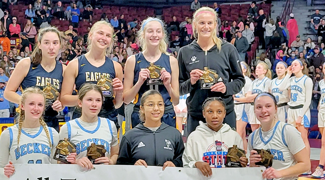 Three Bulldogs were named to the Class AAA All-Tournament Team for their efforts in helping Becker reach the championship game.  Pictured in the front row are Adeline Kent, Maren Westin and Ayla Brown. (Submitted photo.)