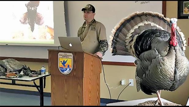 TURKEY CLINIC. Jason Kirton led a turkey clinic to share skills and techniques with new hunters at the Oak Savanna Learning Center in the Wildlife Refuge. About 21 students attended and enjoyed the free refreshments during the training. (Submitted Photos)