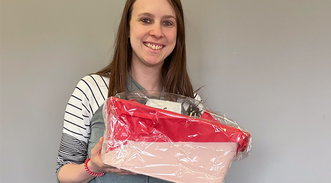 PRIZE TIME. Morgan Nicka is pictured with her door prize she won at the Patriot Newspaper booth while attending the annual Clear Valley Business Expo Sunday, May 7 at the Clearwater American Legion. Morgan is the owner of Riverside Nutrition in Clearwater. (Submitted photo.)