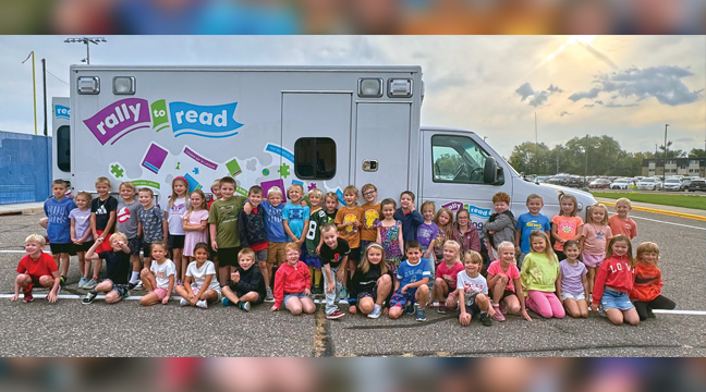 These Becker Primary students  thoroughly enjoyed their time learning about the Rally to Read bookmobile as part of their literacy studies. (Submitted Photo.)