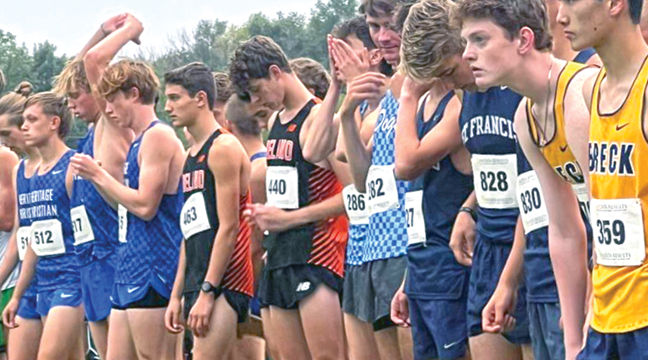Becker boys’ cross country lining up at the starting line for the Rocket Run meet. (Submitted Photo).