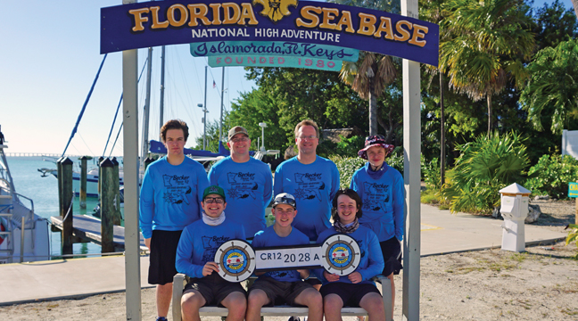 THE SAILING CREW AT THE FLORIDA SEABASE were (back row, left to right): Sam Nalty, Charley Crummy, Nathan Ward and Ryan Guthmiller. Front row, left to right:  Mason Hughs, Grayson Crummy and Zach Ward. (Submitted Photo).