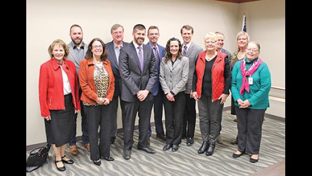 Sherburne County Commissioners and state legislators met during a legislative priorities meeting Monday at the Sherburne History Center Front, from left, Sen. Mary Kiffmeyer Dist. 30), Sherburne County Commissioner elect Raeanne Danielowski, Rep. elect Dan Wolgamott (Dist. 14B), Stacy Morse from Rep. Tom Emmer’s office, Rep. Sondra Erickson (Dist. 15A), Commissioner Barbara Burandt, (back), Commissioners Tim Dolan and Felix Schmiesing, Rep. elect Shane Mekeland (Dist. 15B), Sen. Andrew Mathews (Dist. 15), R
