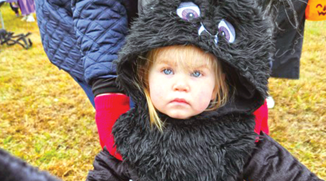 THIS YOUNGSTER, Caillen Pappenfus, waltzed around the event in her spider or cat or bat outfit while gathering Halloween candy. (Submitted Photo).