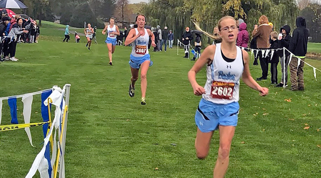 BECKER RUNNERS Tasha Berthiaume (front), Brooklyn Karel (middle) and Bella Duncombe (back) finished in tandem during the section race at Pebble Creek, Oct.28. (Submitted Photo)