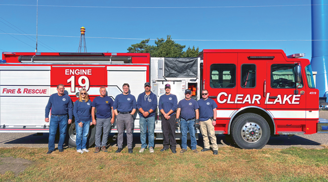 Members of the CLFD gathered around new Engine 19.  From left to right – Fire Chief Ron Koren, FF Barb Rucks, Assistant Chief’s Matt Lunser and Chad Nelson, Fire Fighter Anthony Barret, Lt. Brandon Weis, and FF Craig Milani.  (Patriot Photo by Don Bellach)