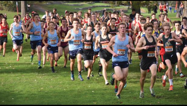 A PACK OF BULLDOGS race along the outside during Tuesday’s meet at Princeton. (Submitted Photo)