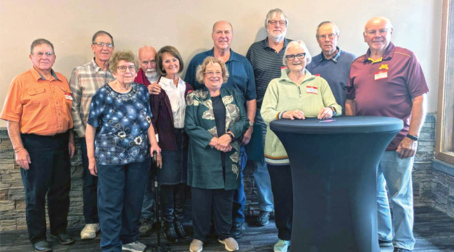 Class of 1965 celebrated their 60th class reunion this year.  Longtime music teacher Mrs. Rupp, (101 years young) was in attendance and shared a beautiful poem she composed! Pictured (left to right): Dale Cox, LeRoy Schafer, Denny Dawson, Tom Woolhouse, Norman Jensen, Dale Hamner, front row: Virginia Brown Pappenfus, Colleen Henry Kiffmeyer, Nancy Shaw Fiereck, LaDonna Bowles Champion and Jerry Olson. (Submitted Photo).