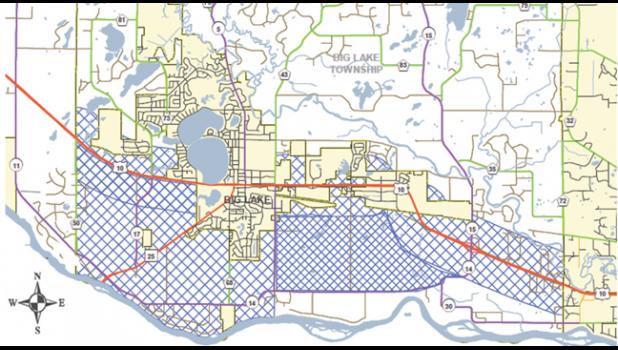 MAP SHOWS area in Big Lake affected by the zoning amendment regarding solar farms.The map does not include areas near Hwy. 169. in Livonia and Baldwin townships. (Photo by Ken Francis)
