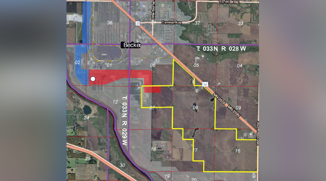 The area east and south of Becker outlined in yellow would become a solar farm based on Xcel Energy’s proposed plan.(Submitted Photo).