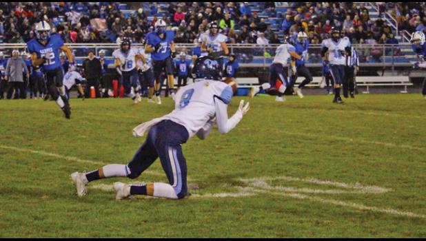 WR Luke Eigen dove forward for this pass from Josh Fobbe during Wednesday’s game against Sartell. Eigen finished with 34 yards on four catches and one score.(Submitted Photo)