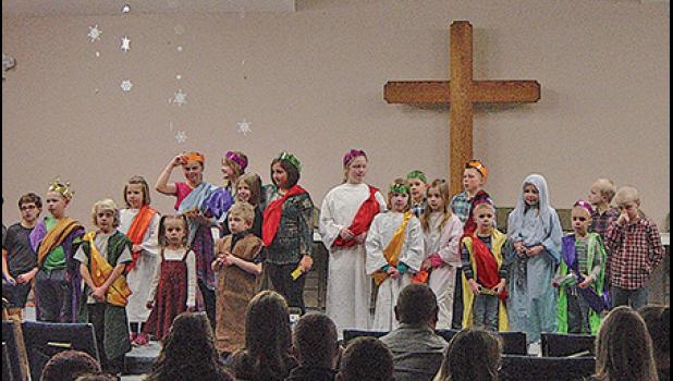 THE BIBLE ADVENTURE CLUB KIDS from Tri-County Alliance Church perform a skit during their birthday party for Jesus Wednesday night. (Submitted Photo)