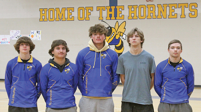 Hornet seniors on the 2024-2025 wrestling team. (From Left) Gavin Jones, Cooper Cusick, Carson Gellerman, William Hess and Cash Stortz. Not shown, Dallas Sibbet. (Photo by Ken Francis.)
