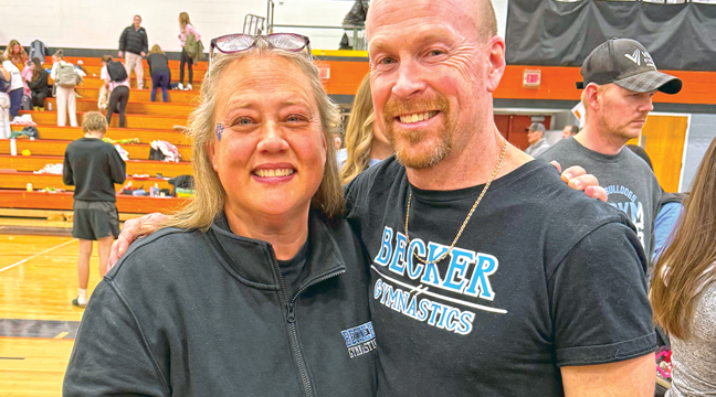 BECKER GYMNASTICS COACHES Jen Harmoning (L) and Brent Wuollet (R) were named 7A Coach and Assistant Coaches of the year this season. (Submitted Photo.)