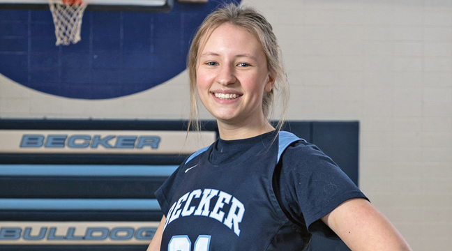 Becker Senior Whitney Schug made the most of her Senior Night start against St. Francis by hitting her first six three-pointers and seven overall en route to a team high 21 points (Photo courtesy of Lommel Photography).
