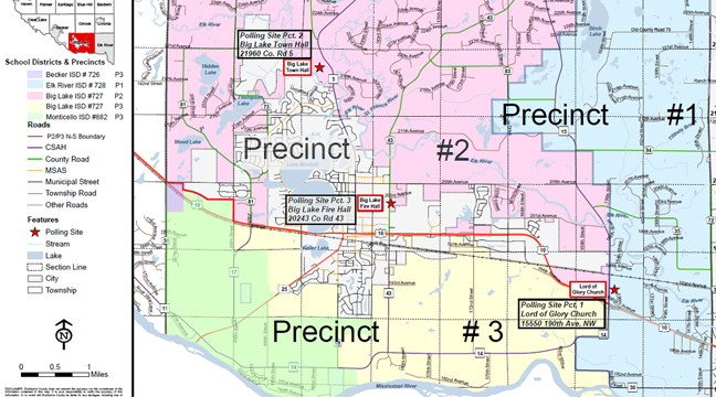 NEW PRECINCTS. This map shows the different precincts and polling locations for Big Lake Twp. voters. (Submitted photo.)