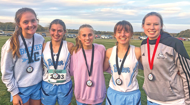 THE BECKER GIRLS JV SQUAD  also captured first place in Big Lake and the girls posed for pictures with their medals. Left to right: Regan Hausmann, Raelee Lyon, Natalie Trenz, Kayla Gruenes and Meghan Swanson. (Submitted Photo)