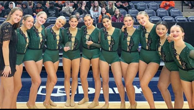 THE TECH HS JAZZ TEAM advanced to the finals at the state tournament last weekend, helped along by three area students; Malea Miller (third from left), Amber Kirchoff (fourth from left), and Jenna Brenson (fifth from right). (Submitted Photo)
