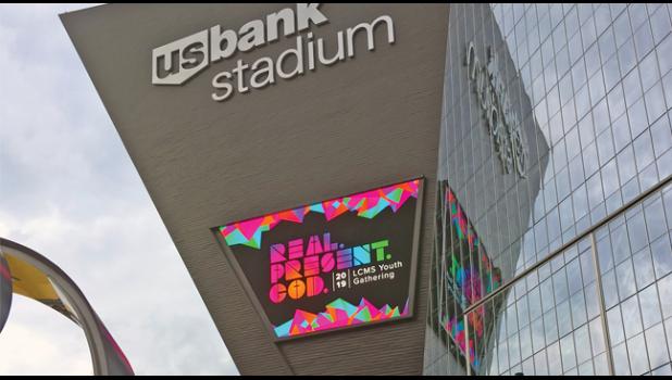Members of Grace Lutheran youth group (right photo) after praise and worship event at U.S. Bank Stadium. (Submitted Photos).
