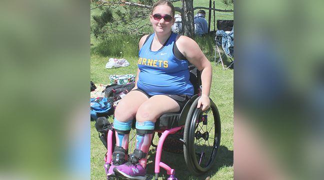 Tayla Gassman will represent Big Lake in the state meet after winning her four wheelchair events at sections: 100 meters, 200 meters, shot put and discus. (Photo by Ken Francis.)