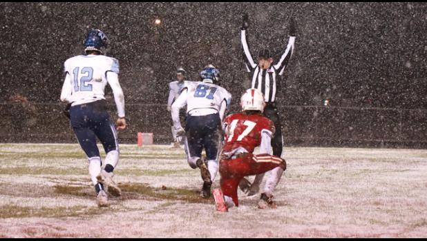WR CARTER HIETALA (#81) jumped for excitement as the official signaled a touchdown during last Friday’s game at Willmar. Cade Callahan (#12) looked on.(Submitted Photo)