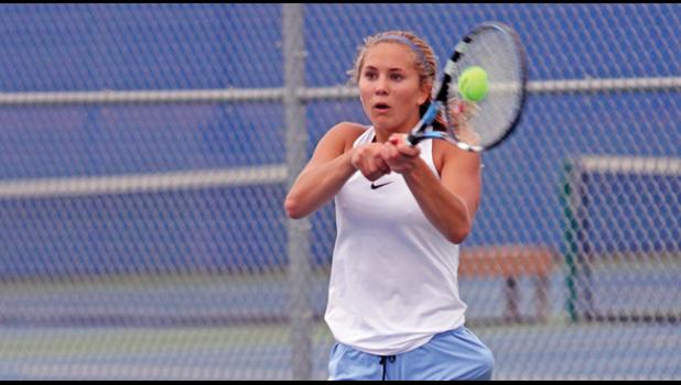 COURTNEY NUEST battled Princeton’s Anna Dahlen late Thursday night and lost a close, three-set match. (Photo by Bill Morgan).