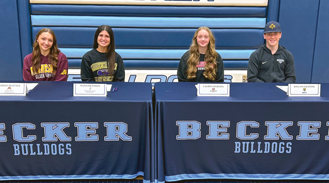ASHLEY MATVICK (L to right),  Hannah Oakes, Lauren Woelfel and Kellan Graning signed letters of intent to attend area colleges and participate in their athletic programs. (Submitted Photo).