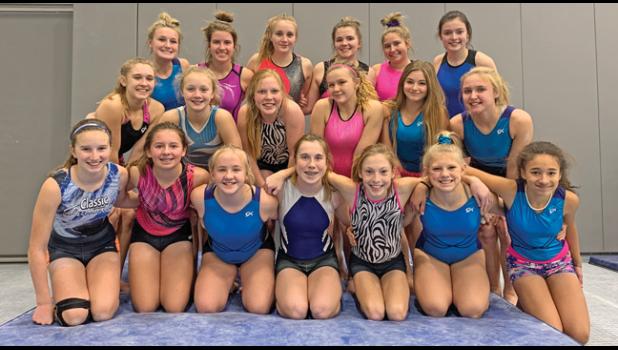 THE 2019-20 BECKER BULLDOG GYMNASTICS TEAM. The team consists of (in no particular order): Amelia Kirchner, Ariel Koop, Bella Rick, Fallon Peterson, Hailey Deters, Hailey Duncombe, Justine Vilmo, Kaylyn Patnode, Keeley Holm, Kierra Pfingsten, Lauren Woelfel, Leon Morris, Mackensie Cota, Myli Praught, Norah Fitzpatrick, Riley Norberg, Sarah Woelfel, Tessa Maruska	 and Theresa Johnson. (Submitted Photo)