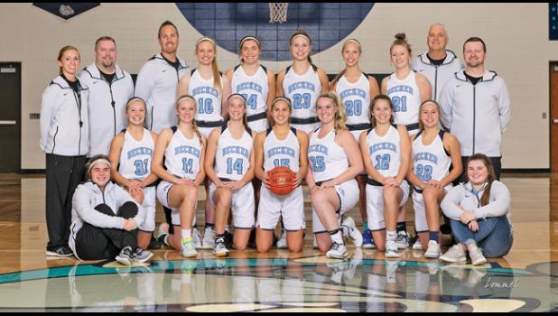 THE 2019-20 BECKER BULLDOG GIRLS BASKETBALL TEAM. (In no particular order): Julia Bengtson, Courtney Nuest, Adeline Kent, Maren Westin, Aly Gruenes, Alayna Lindquist, Whitney Schug, 	Dani Nuest, Megan Gamble, Jackie Yoerg, 	Jenna Mittelstaedt and Ayla Brown.  Coaches are Dan Baird, Alyssa Stevens, Dominic Squires, Hokan Bengtson and Scott Gudmundson (Photo by Chris Lommel)